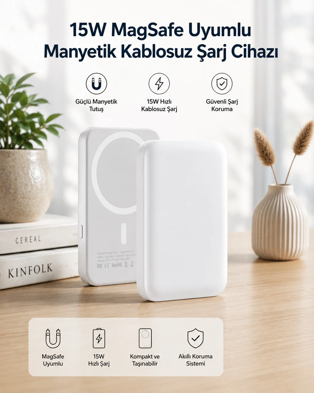 15w Magsafe Uyumlu Manyetik Kablosuz Powerbank 5000 Mah - Lisinya Diğer