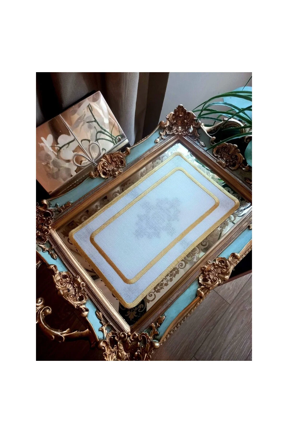 15x25 cm çift sıra işlemeli keten söz & Nişan tepsi örtüsü- gold
