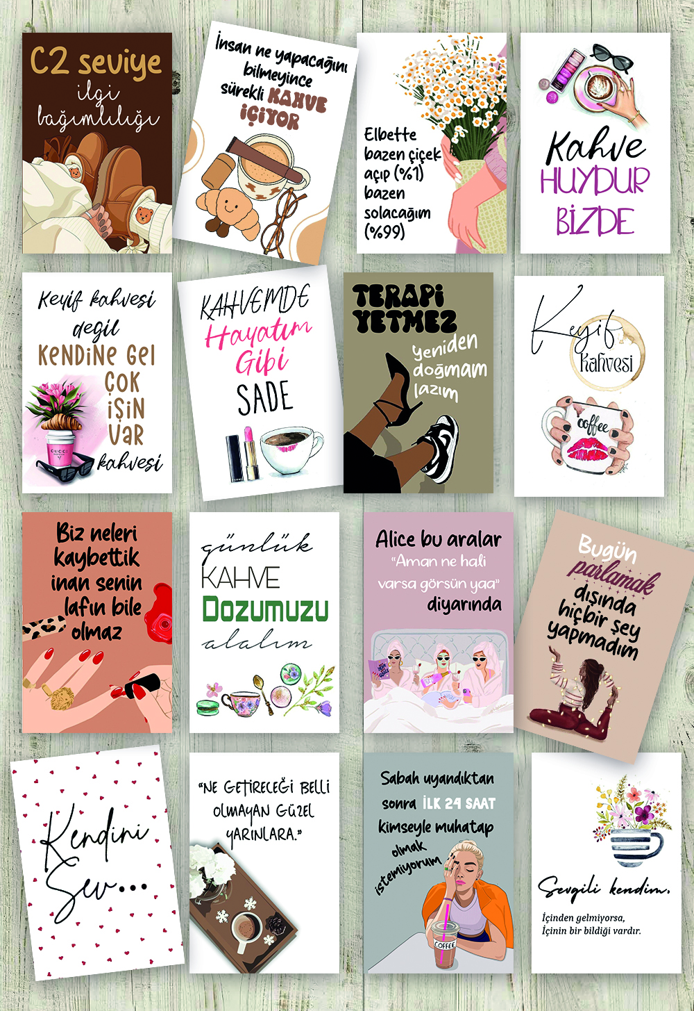 16 Adet Motto Kart Seti Kahve Sunum Kartları