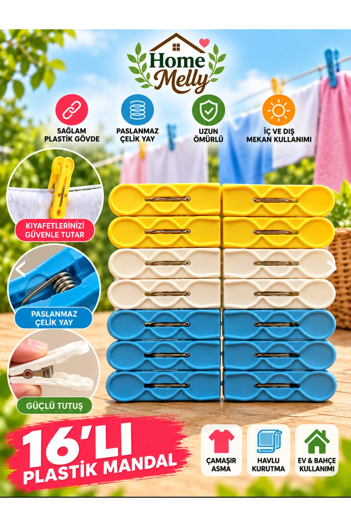 16 Adet Premium Çamaşır Mandalı, Plastik Güçlü Tutucu Kurutma Mandalı 16 Adet Premium Çamaşır Mandalı, Plastik Güçlü Tutucu Kurutma Mandalı
