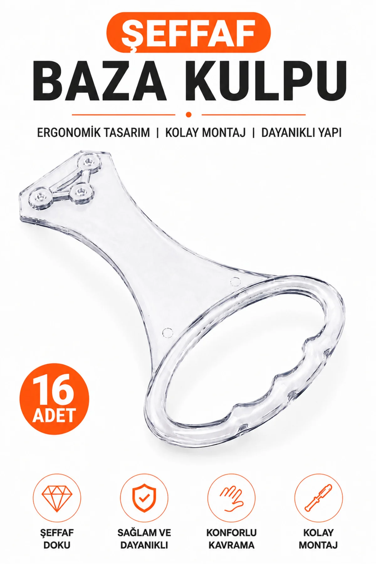 16 Adet Şeffaf Baza Kulpu – Ergonomik Kavramalı Dayanıklı Plastik Baza Kaldırma Kulpu – 3 Nokta Montajlı Şeffaf Mobilya Tutacağı