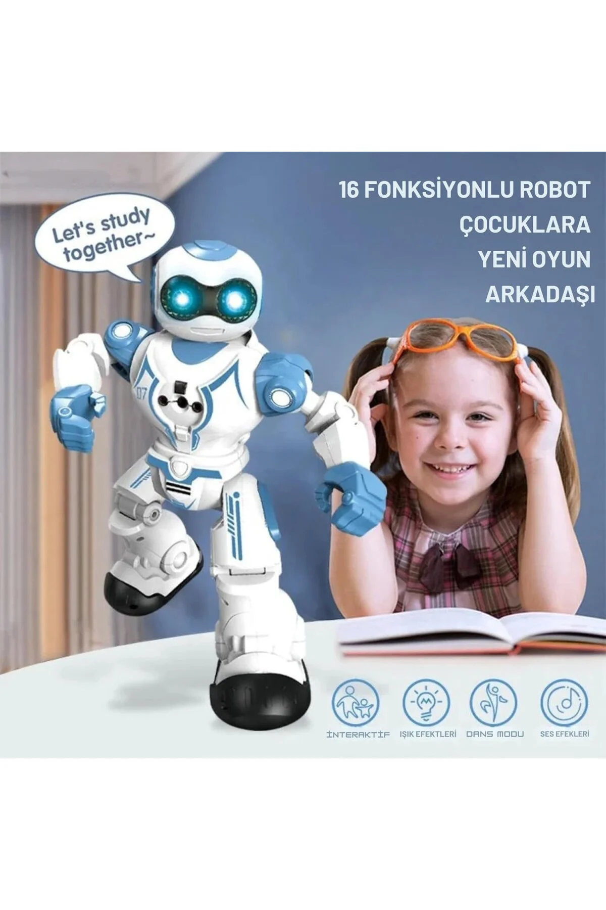 16 Fonksiyonlu Şarjlı Uzaktan Kumandalı Akıllı Robot Sesli Işıklı