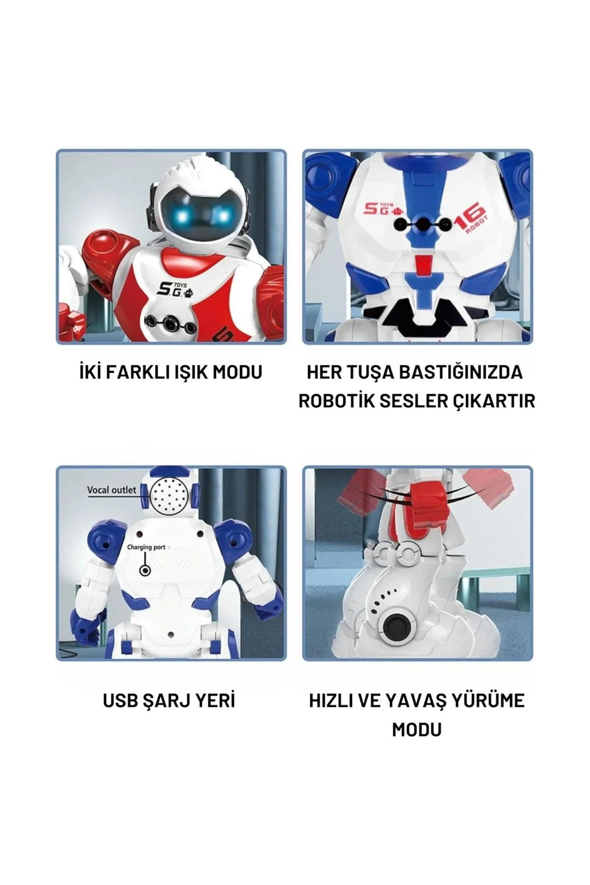 16 Fonksiyonlu Şarjlı Uzaktan Kumandalı Akıllı Robot Sesli Işıklı
