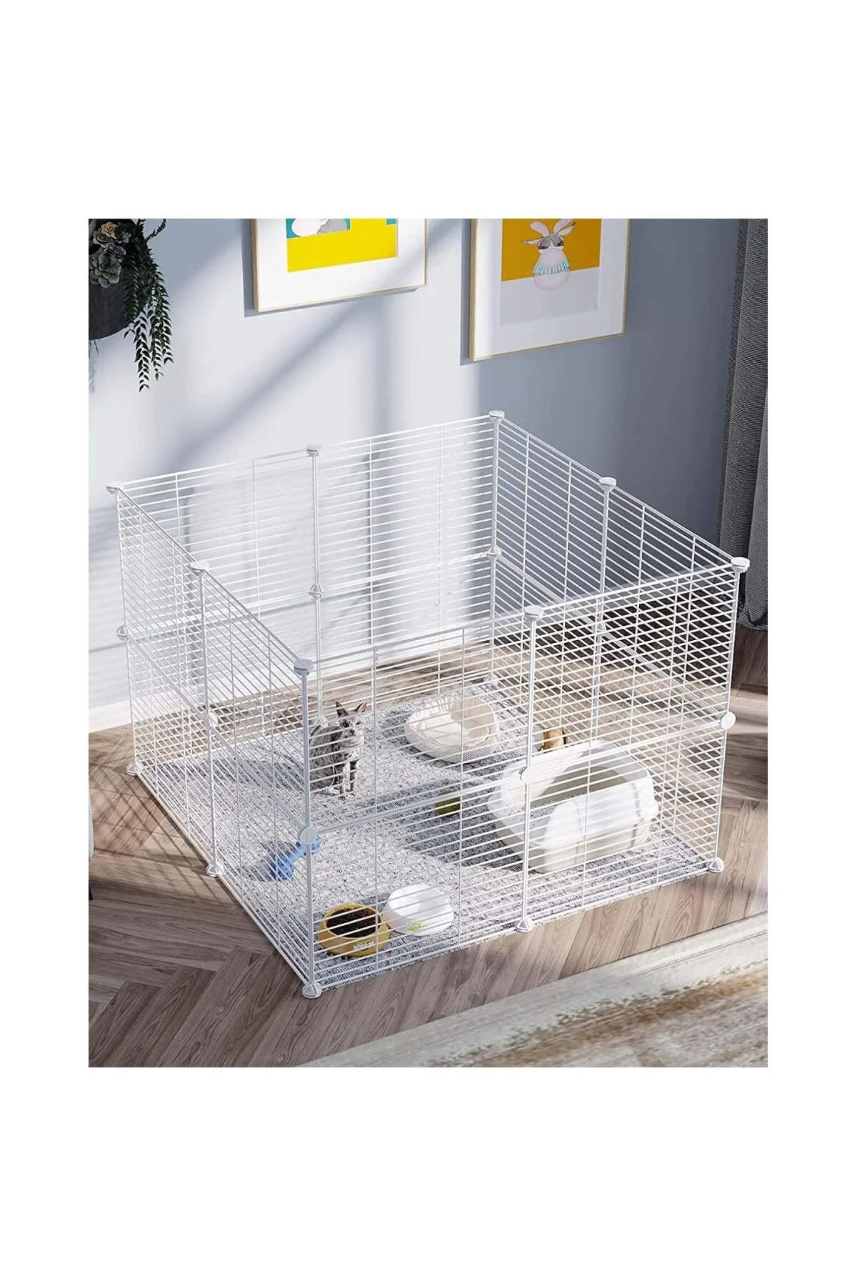 16 Panel Beyaz Renk Hayvan Oyun Kafesi Portatif Modüler Kedi Köpe