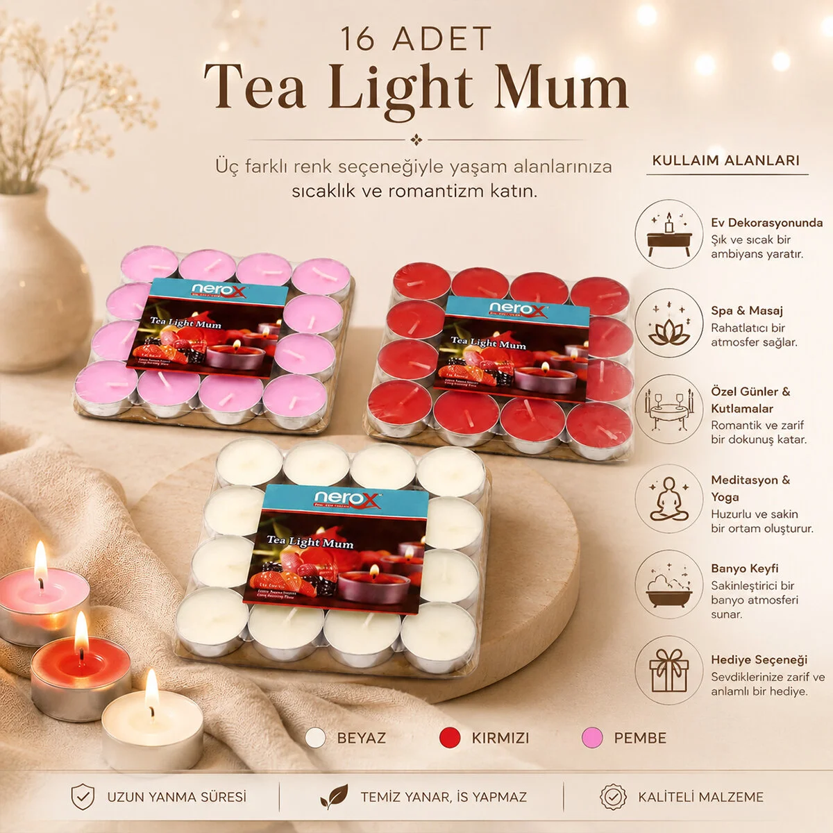 16 Parça Kırmızı Tea Light Yuvarlak Mum Fiyatı, Yorumları ve Özellikleri