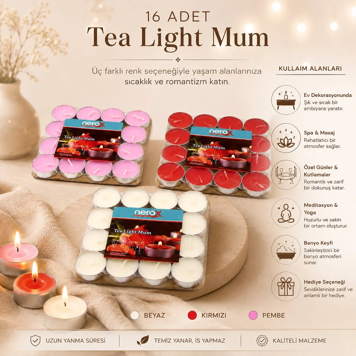 16 Parça  Kırmızı Tea Light Yuvarlak Mum Bx40