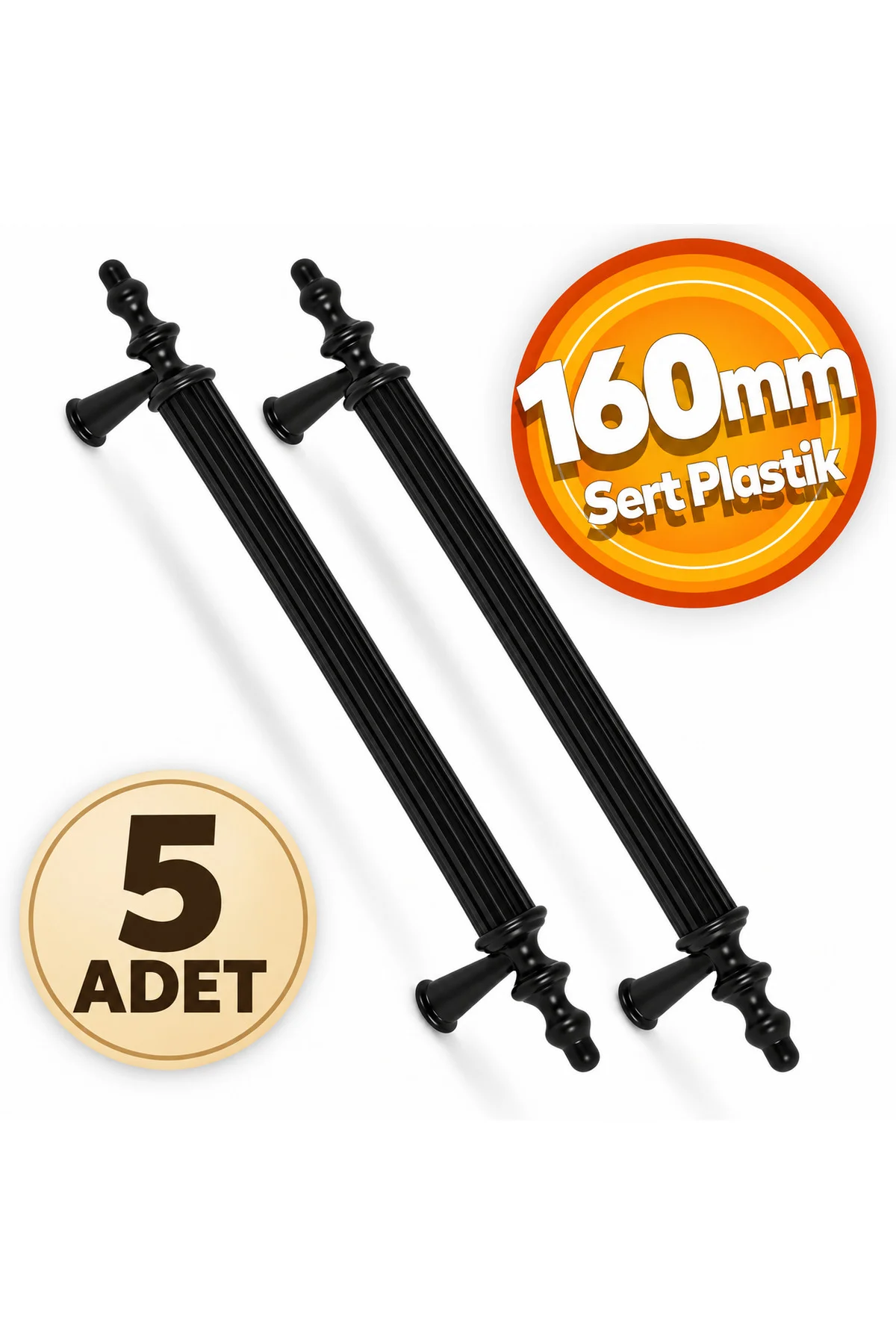 160 mm Dolap Çekmece Mobilya Kulp 5 li SET - Mat Siyah Renk Polimer Sert Plastik