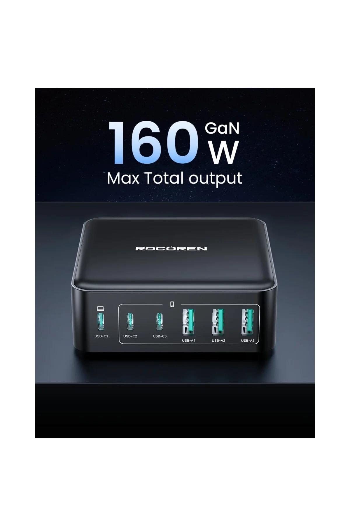 160W 3*Type-C ve 3*USB-A 6 Portlu Şarj Cihazı Laptop Uyumlu GaN M