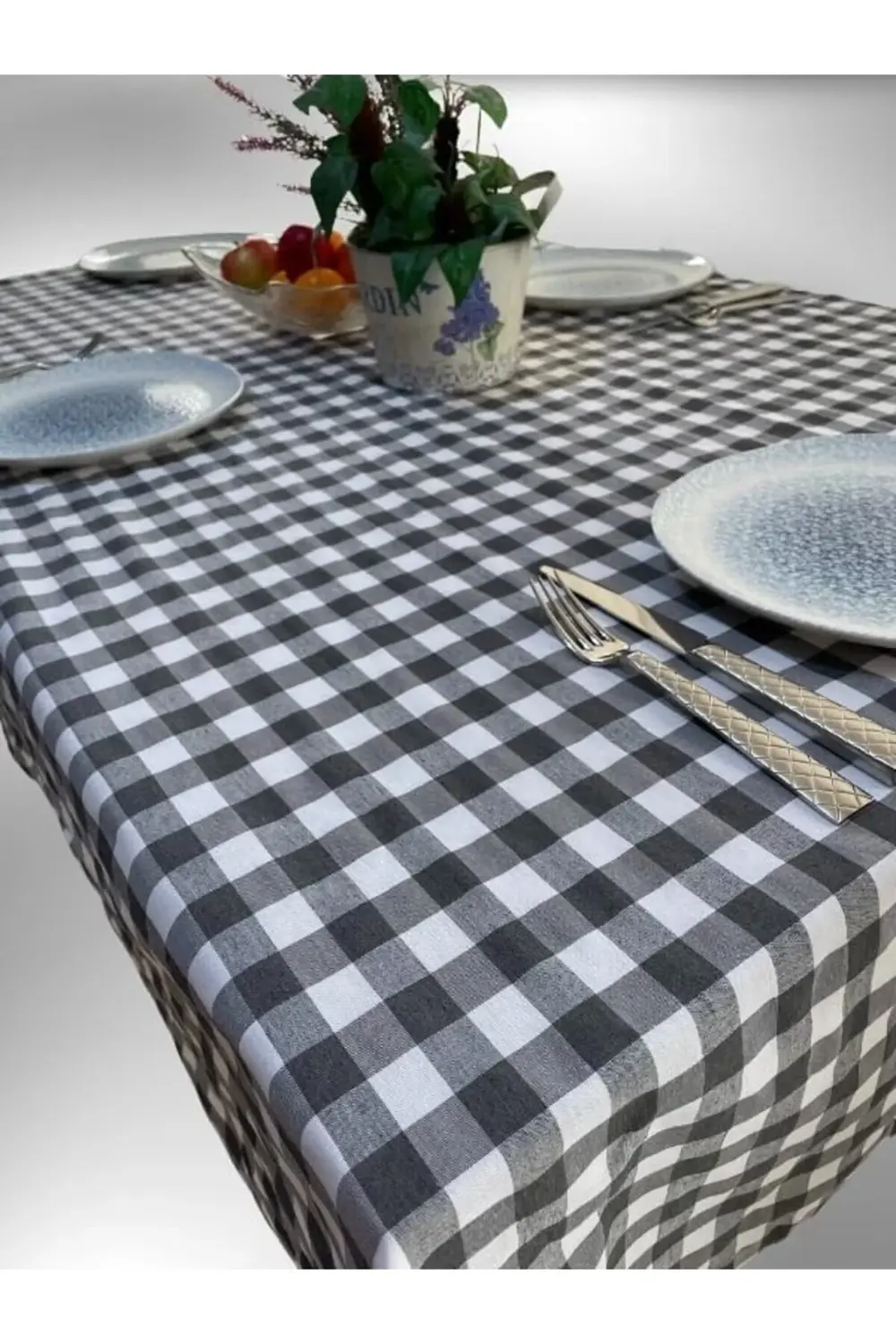 160x170 Cm Gri Büyük Kare Desen Masa Örtüsü, Sofra Bezi, Piknik Ö