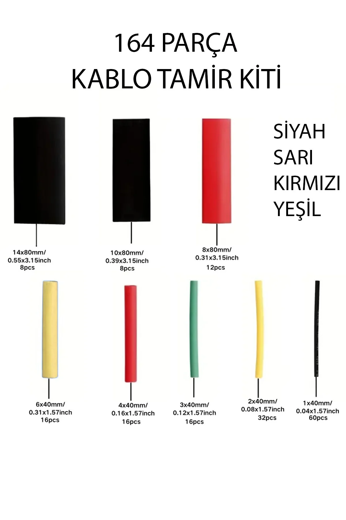 164 Parça Isıyla Daralan Renkli Makaron Seti Kablo Tamir ve Yalıt