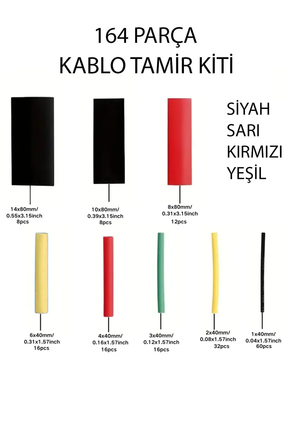 164 Parça Isıyla Daralan Renkli Makaron Seti Kablo Tamir ve Yalıt