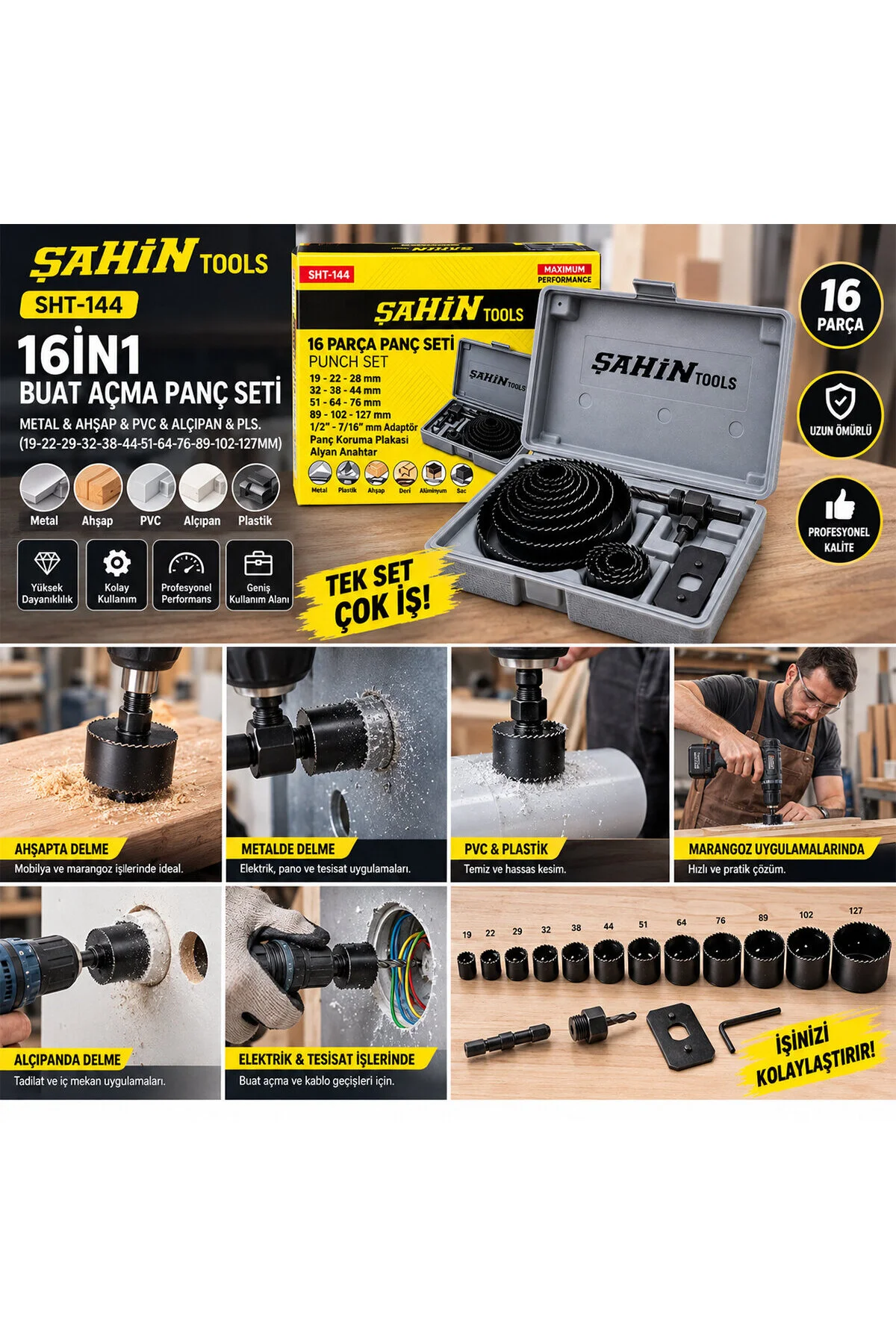 16İn1 Buat Açma Panç Seti Metal - Ahşap - Pvc - Alçıpan - Pls. 19-22-29-32-38-44-51-64-76-89-102-127 - Görsel 3