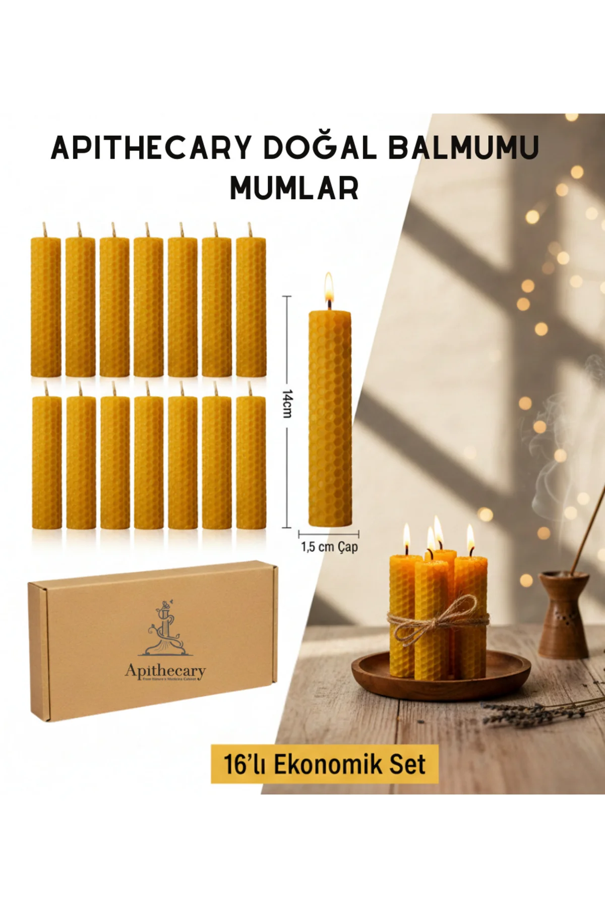 16'lı El Sarması Doğal Balmumu Dilek Mumu Seti - %100 Saf Arı Mum