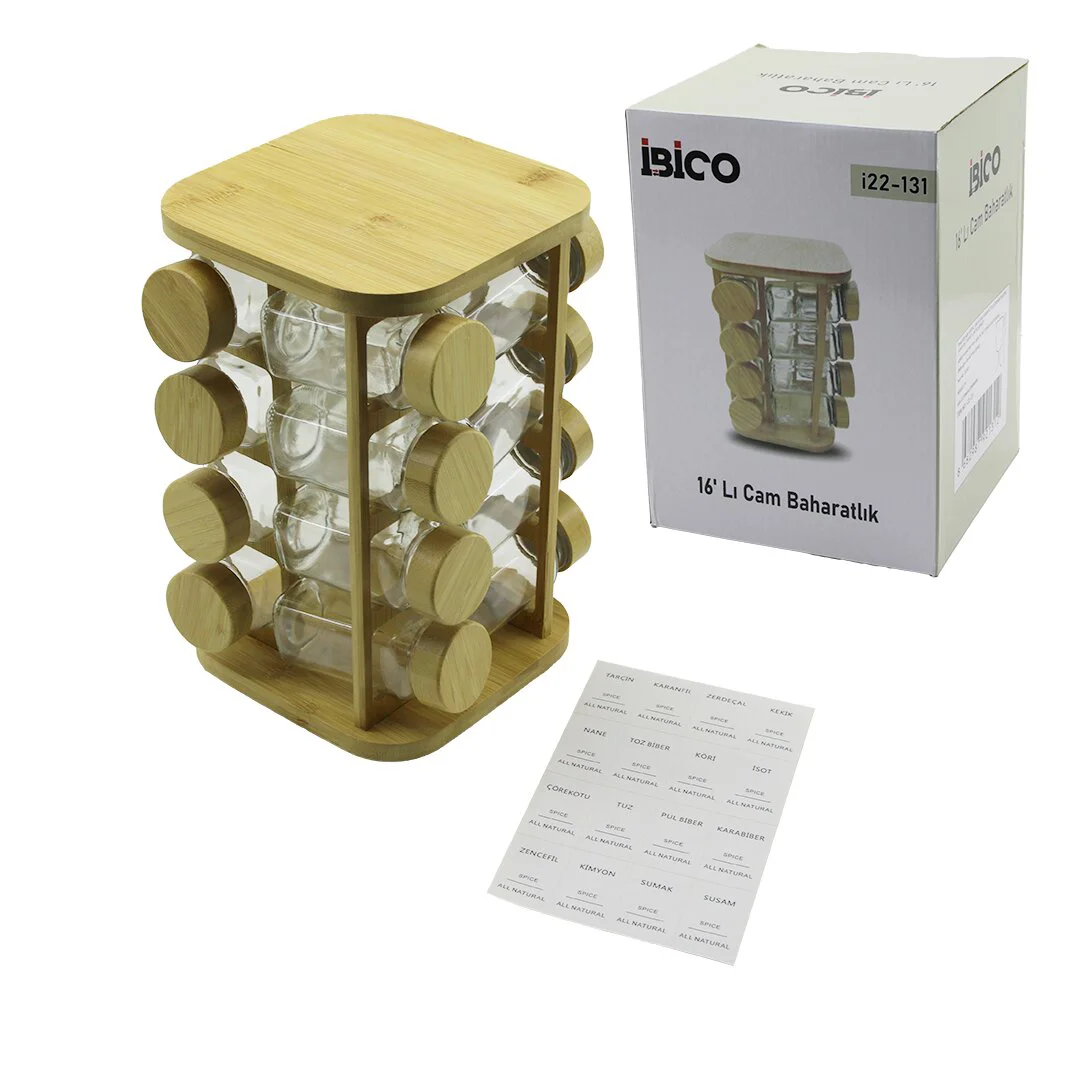 16PCS Kare - Döner Standlı Cam - Bambu Kapak Tuzluk - Baharatlık Bambu Stand 16PCS Kare - Döner Standlı Cam - Bambu Kapak Tuzluk - Baharatlık Bambu Stand