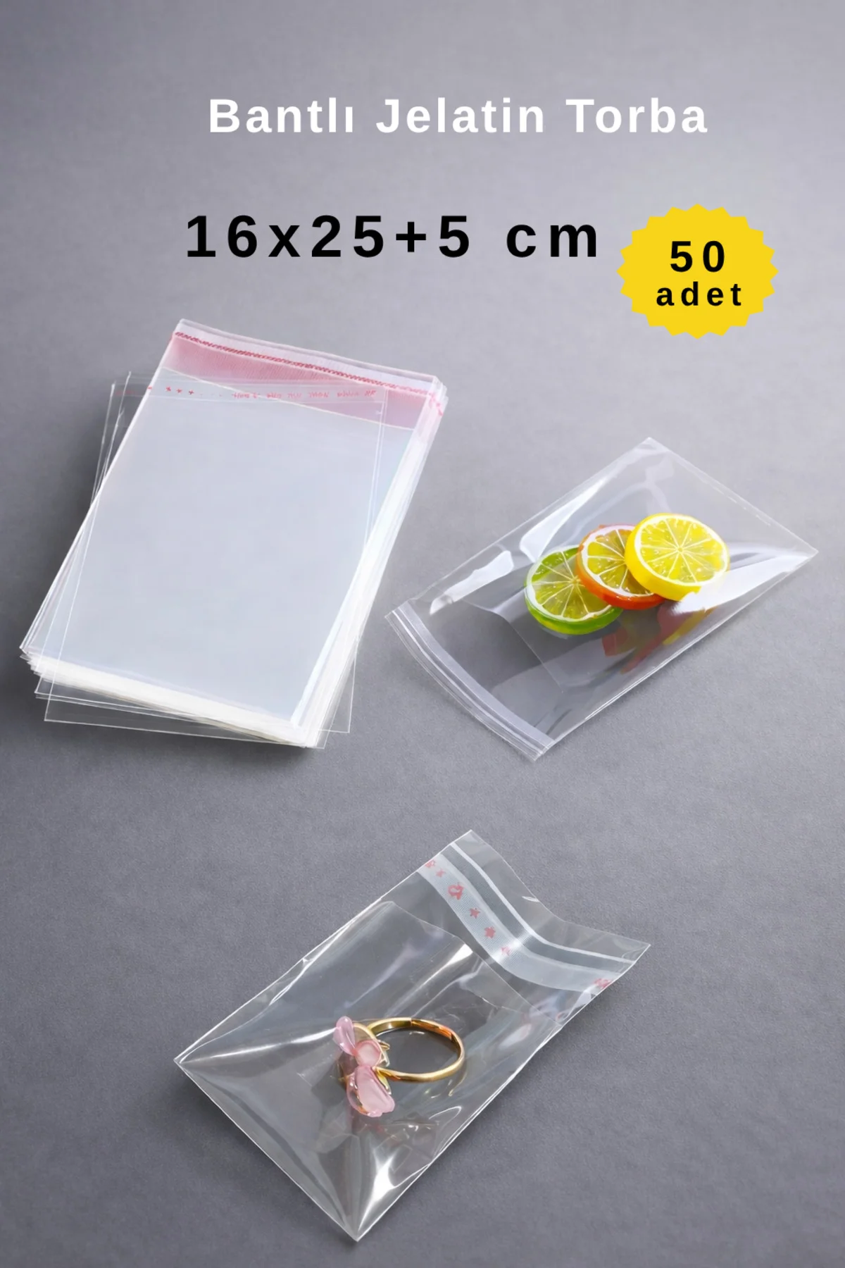 16x25+5 cm Bantlı Şeffaf CPP Jelatin Torba - 50 Adet - Dayanıklı Yırtılmaz Bantlı Ambalaj Poşeti