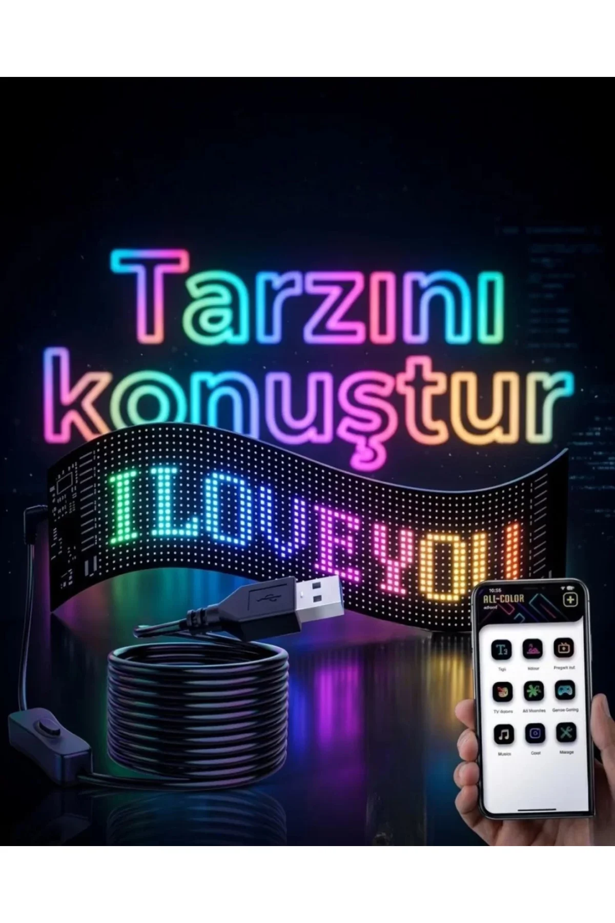 16x96 Led Yazı Paneli 60 Cm Esnek Rgb Işıklı Programlanabilir Ekr