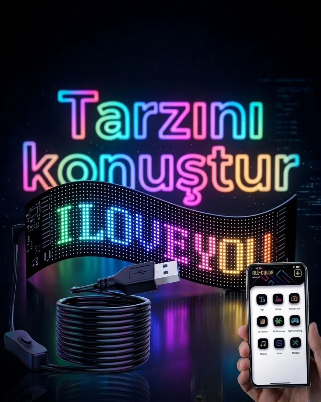 16x96 Led Yazı Paneli 60 Cm Esnek Rgb Işıklı Programlanabilir Ekran - Lisinya Diğer