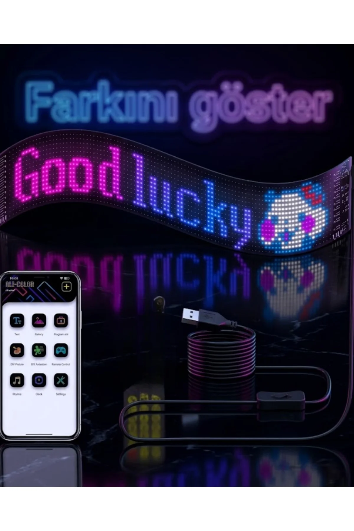16x96 RGB LED Matrix Panel 60 cm Esnek Yapı Uygulama Kontrollü Kayan Yazı Ekranı