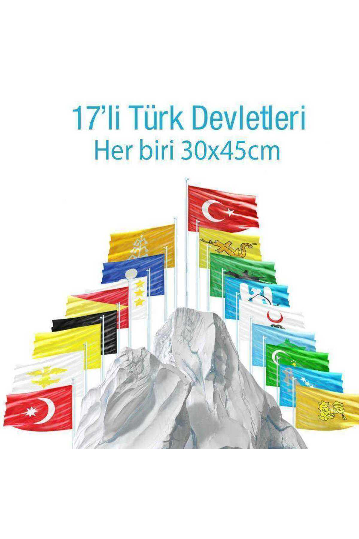 17 Eski Türk Devletleri Tüm Bayrakları Birarada Set 30x45 cm Raşe