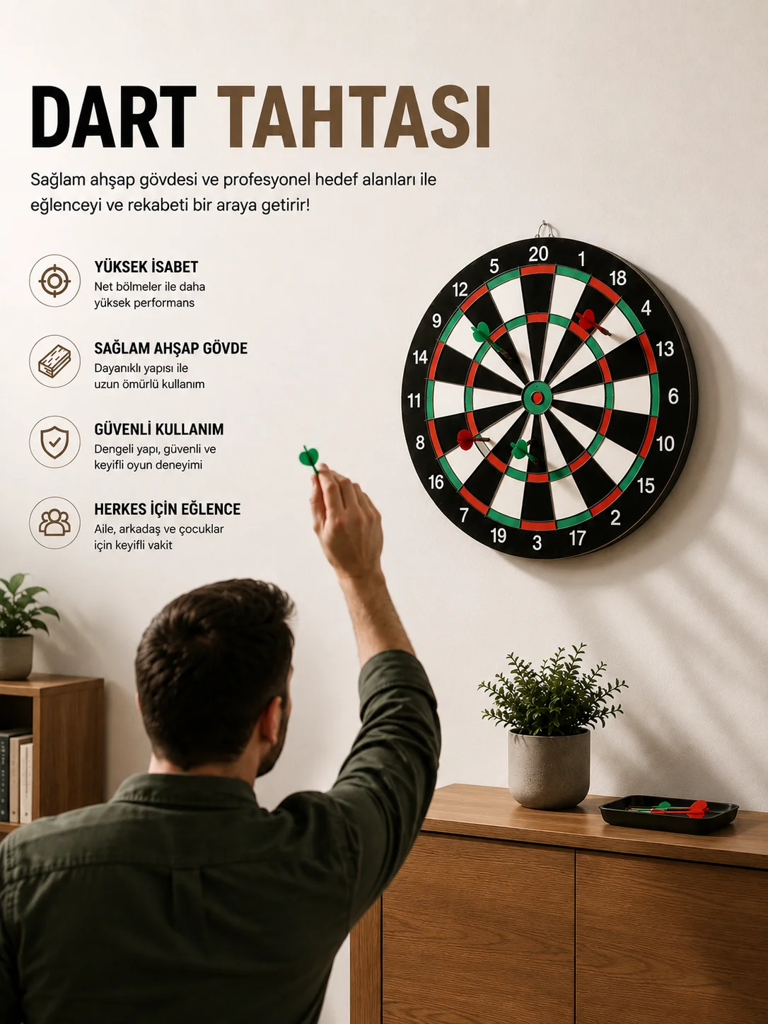 17 İnç Dart Tahtası Sağlam Ahşap Gövde ve Uzun Ömürlü Kullanım
