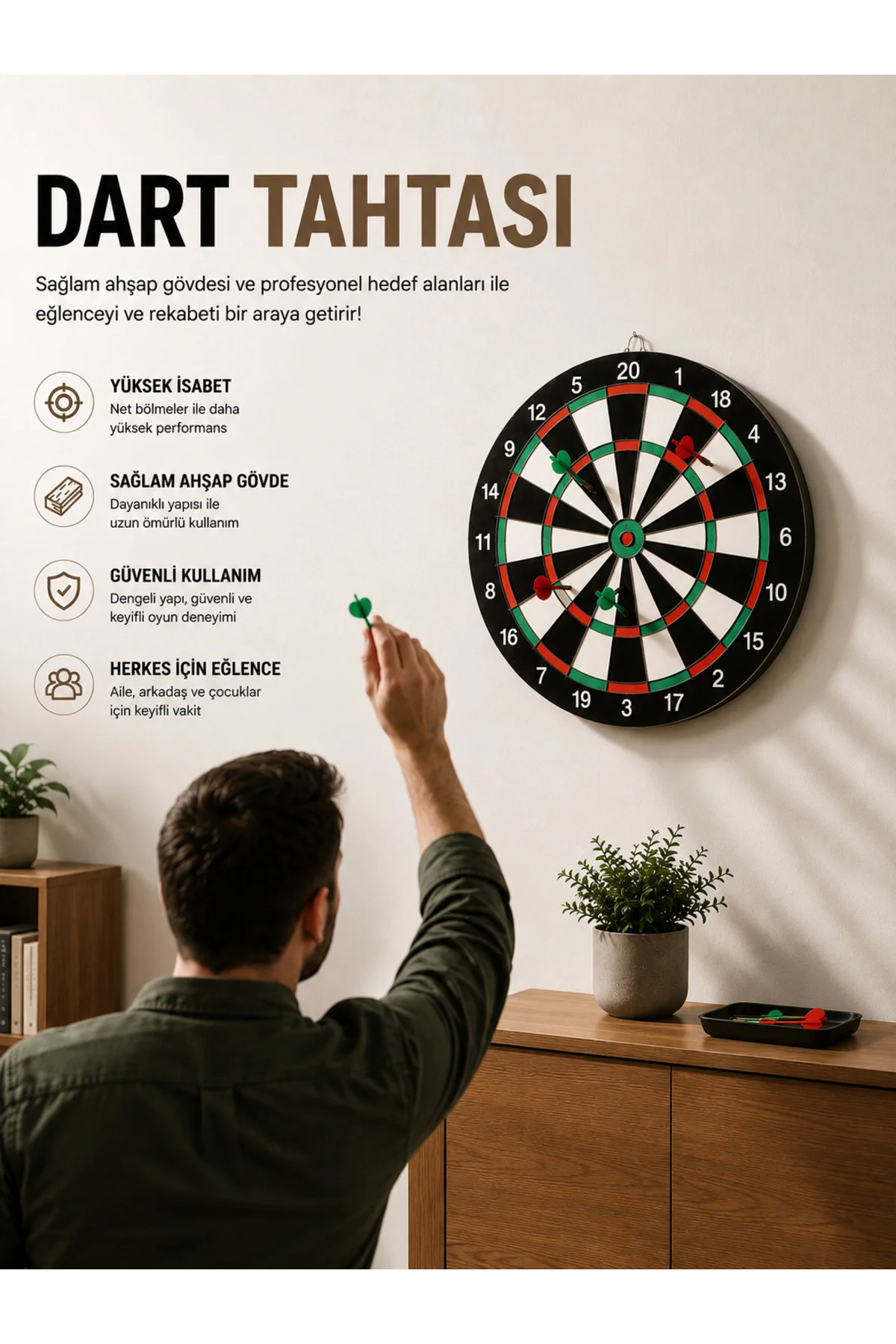 17 İnç Dart Tahtası Sağlam Ahşap Gövde ve Uzun Ömürlü Kullanım