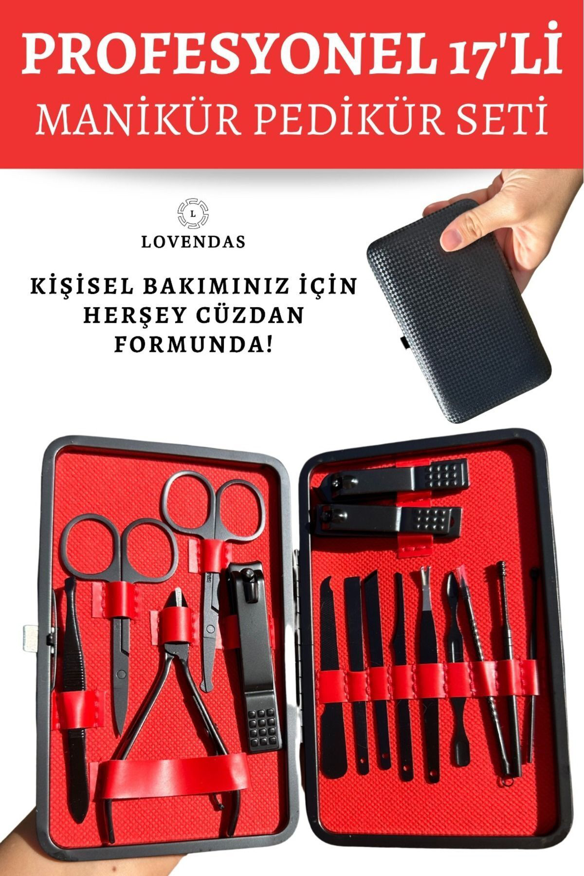 17 Parça Profesyonel Manikür Pedikür ve Bakım Seti - Şık Cüzdanı 