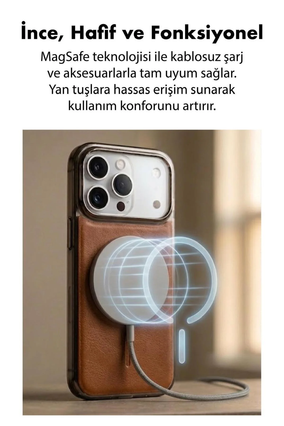 17 Pro Uyumlu Deri Cold Magsafe Kapak Sert Ultra İnce Tam Korum Kablosuz Şarj Destekli Kılıf
