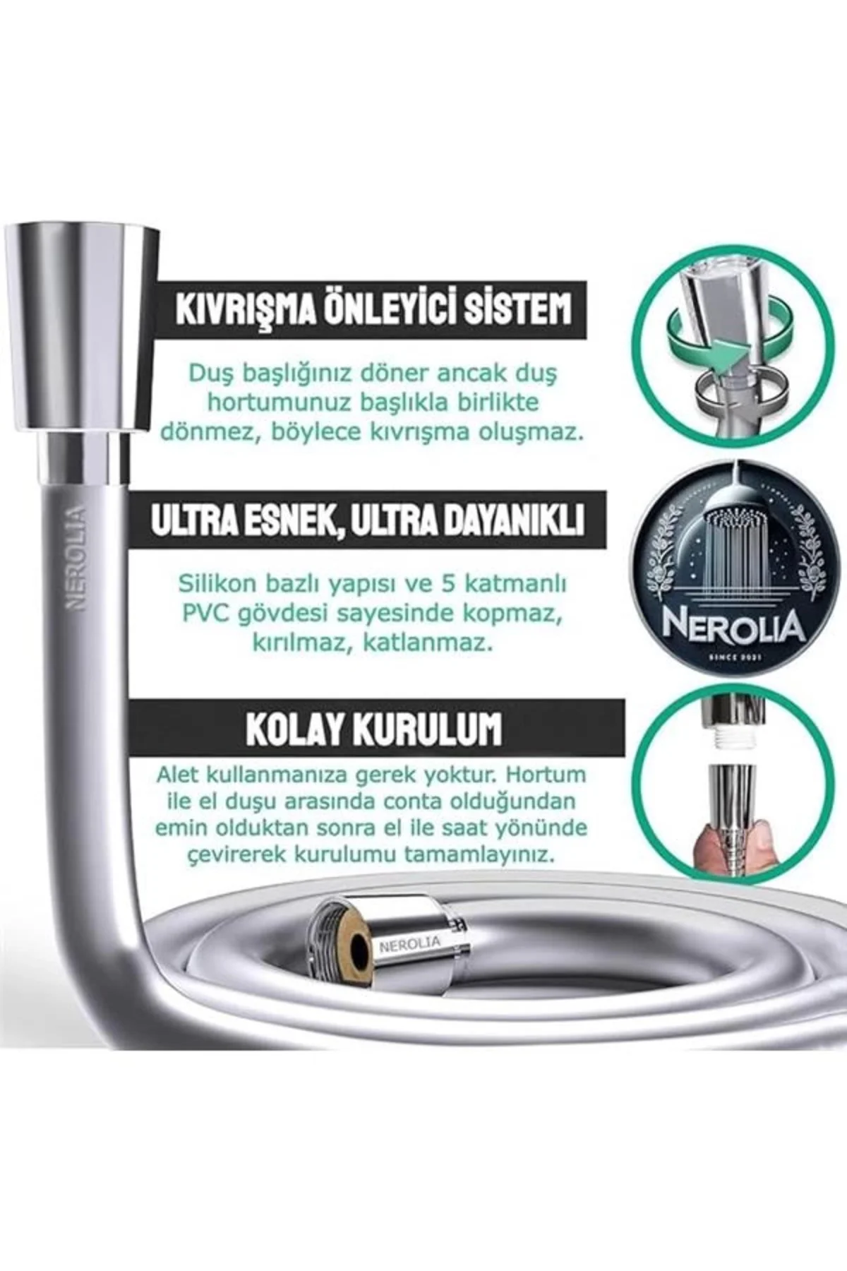 170 cm Ekstra Uzun Paslanmaz Duş Spiral Hortumu (G1/2 Abs Rakorlu