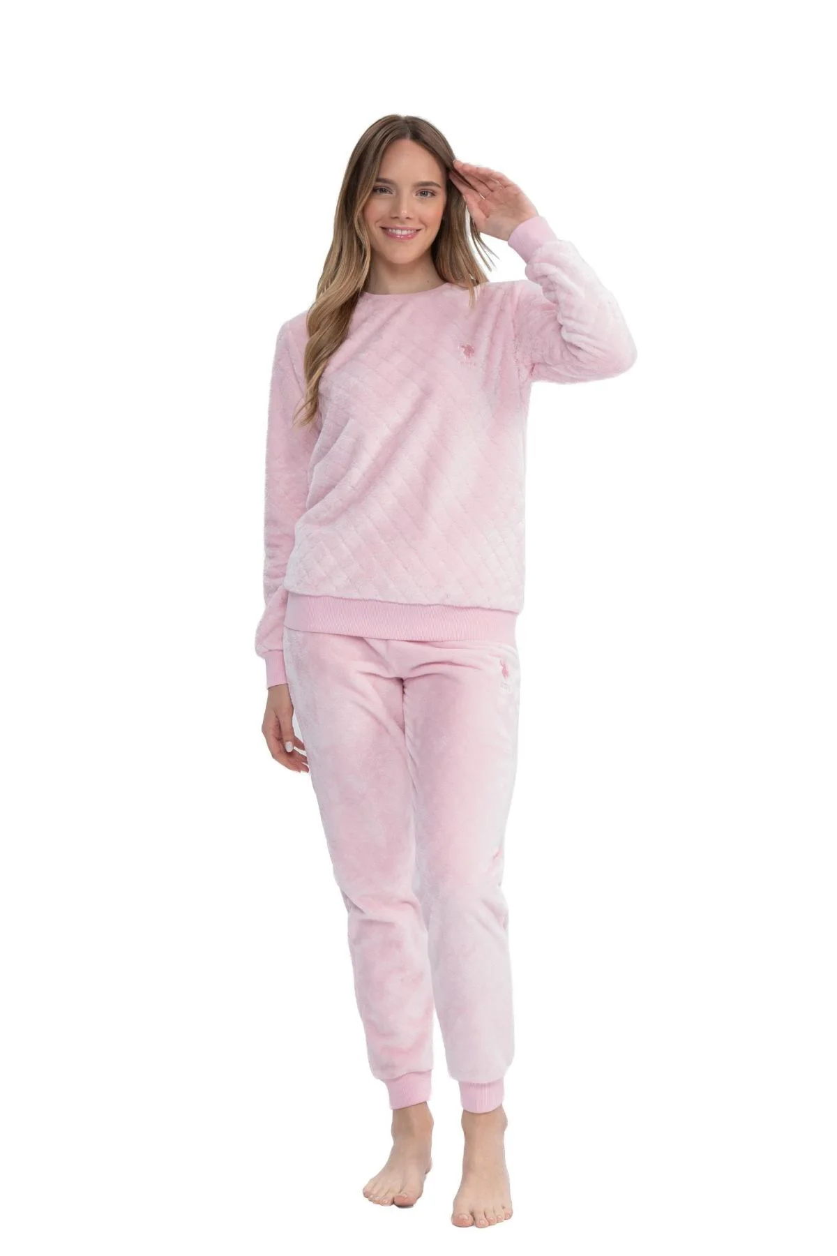 17080 Kadın Pembe Uzun Kollu Yuvarlak Yaka Pijama Takım