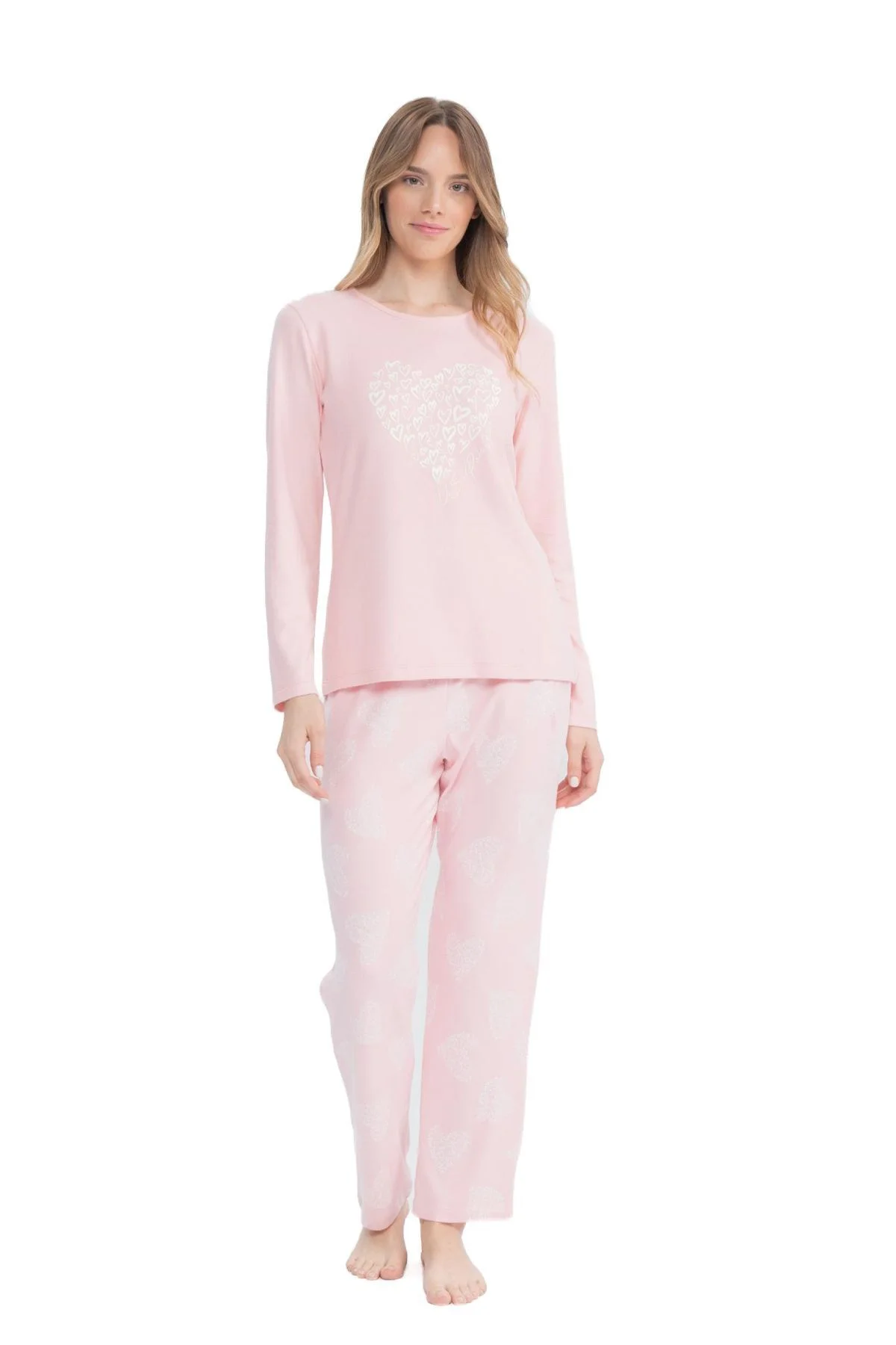 17108 Kadın Pembe Uzun Kollu Yuvarlak Yaka Pijama Takım