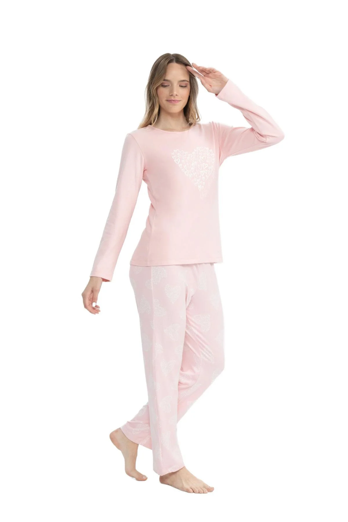 17108 Kadın Pembe Uzun Kollu Yuvarlak Yaka Pijama Takım