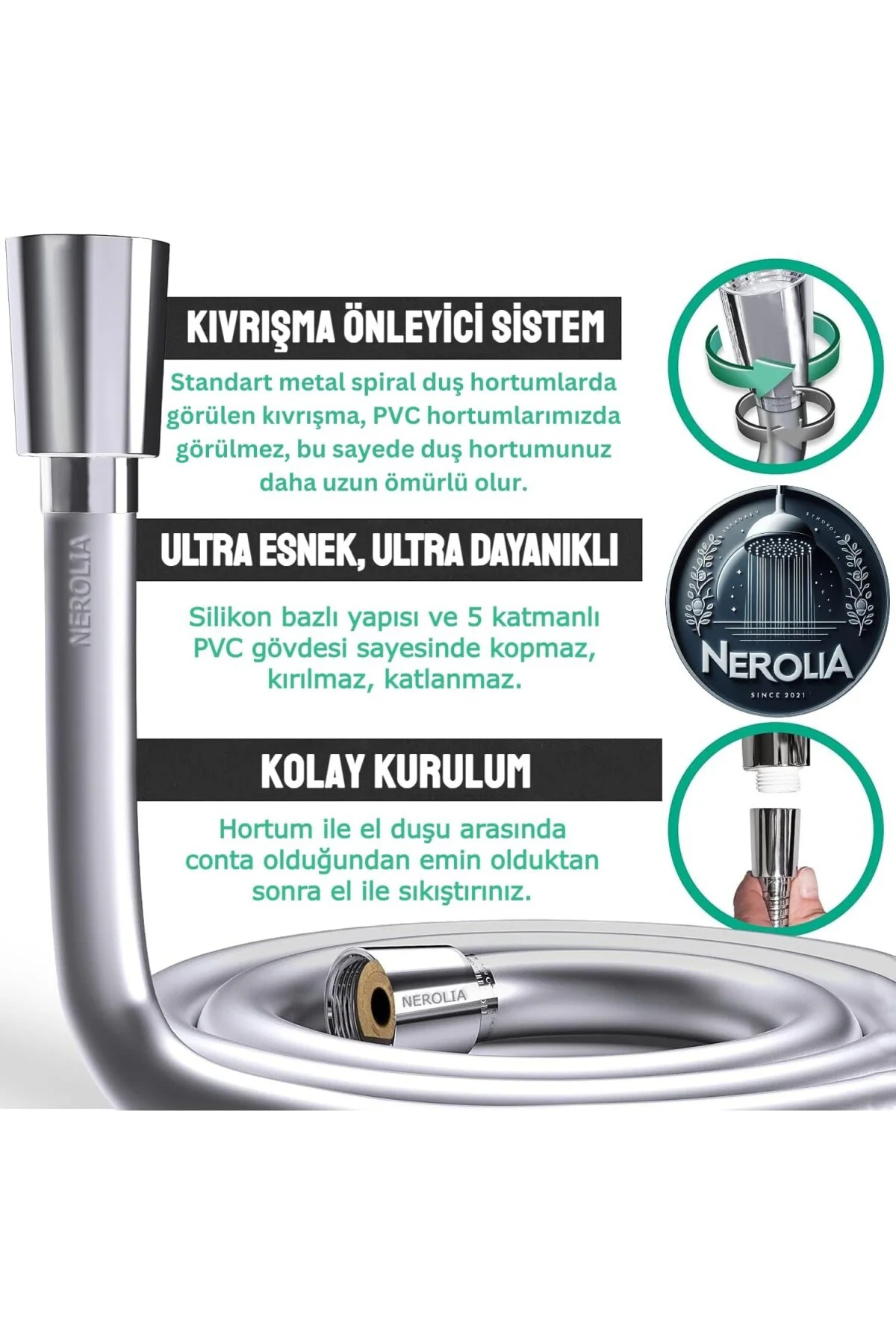 - 175 cm Ekstra Uzun PVC Duş Hortumu/Yüksek Basınçlı (Shower Hose