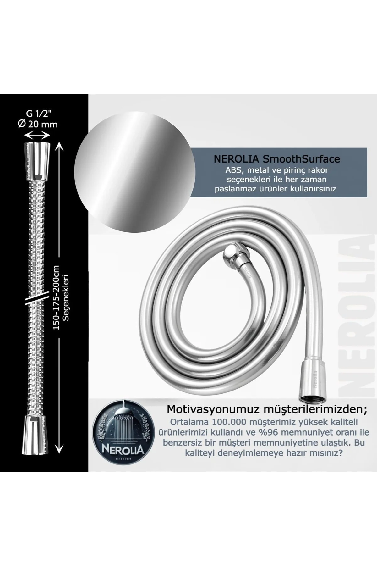 - 175 cm Ekstra Uzun PVC Duş Hortumu/Yüksek Basınçlı (Shower Hose