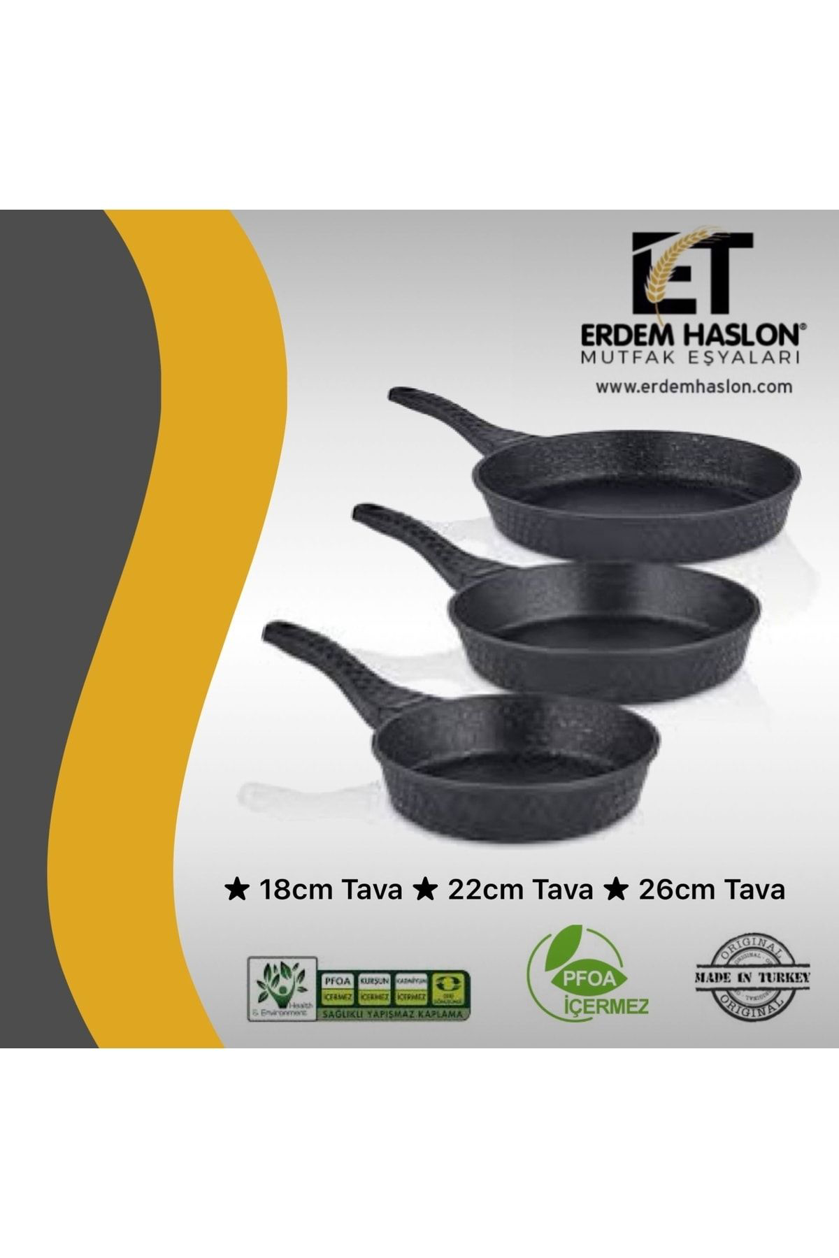 18-22-26cm Döküm Granit Yanmaz Yapışmaz Lüks 3'lü Tava Seti