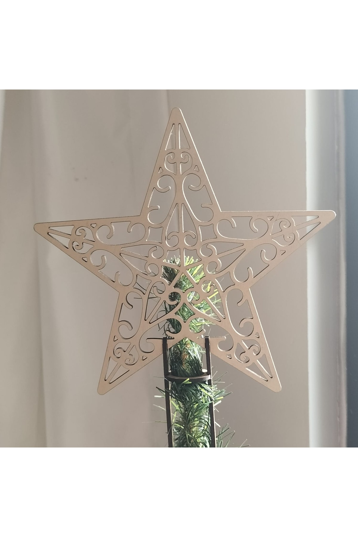 Leylaser 18 Cm 3 Mm Krem Ahşap Yıldız Yılbaşı Ağacı Tepe Süsü