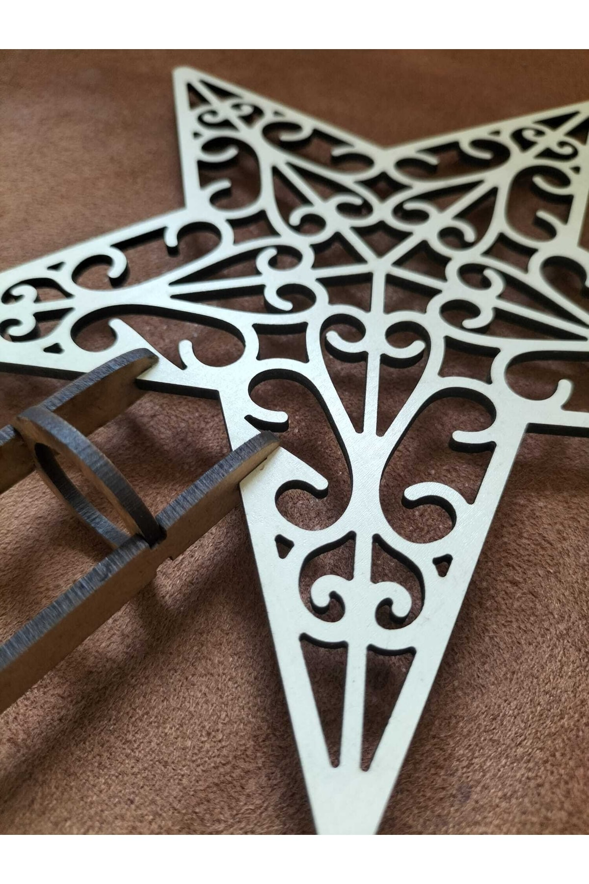 Leylaser 18 Cm 3 Mm Krem Ahşap Yıldız Yılbaşı Ağacı Tepe Süsü