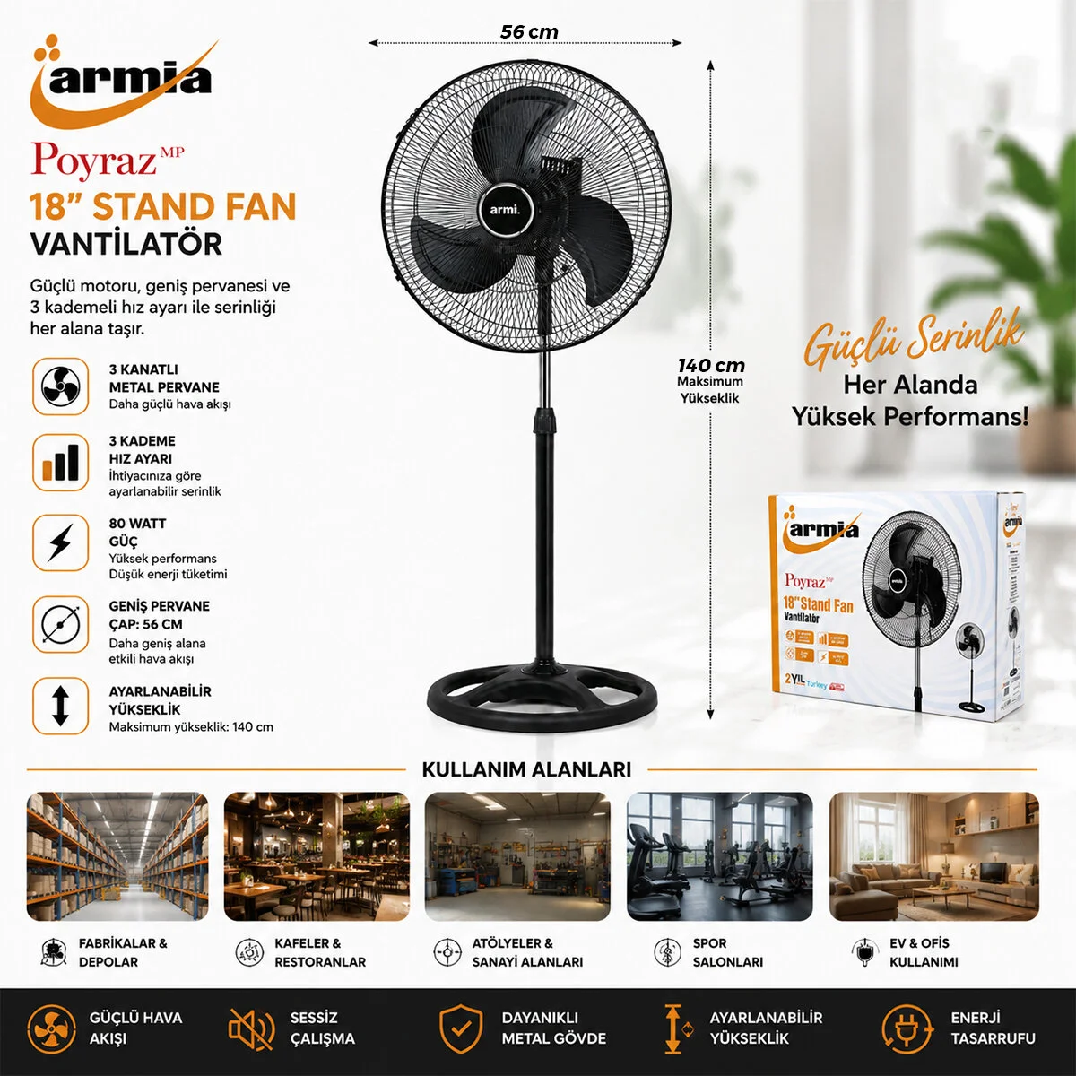 18 İnç Sanayi Vantilatör 3 Metal Kanat: ÇAP:56CM - Y: 140CM - 3 Kademe Hız 80W Fiyatı, Yorumları ve Özellikleri