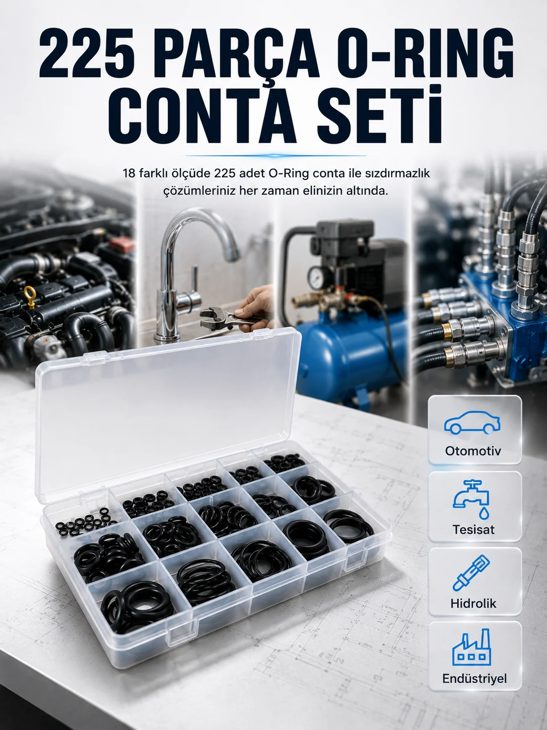 18 Ölçü O-Ring Conta Seti Otomotiv, Tesisat ve Hidrolik İçin Kauçuk Conta Kiti