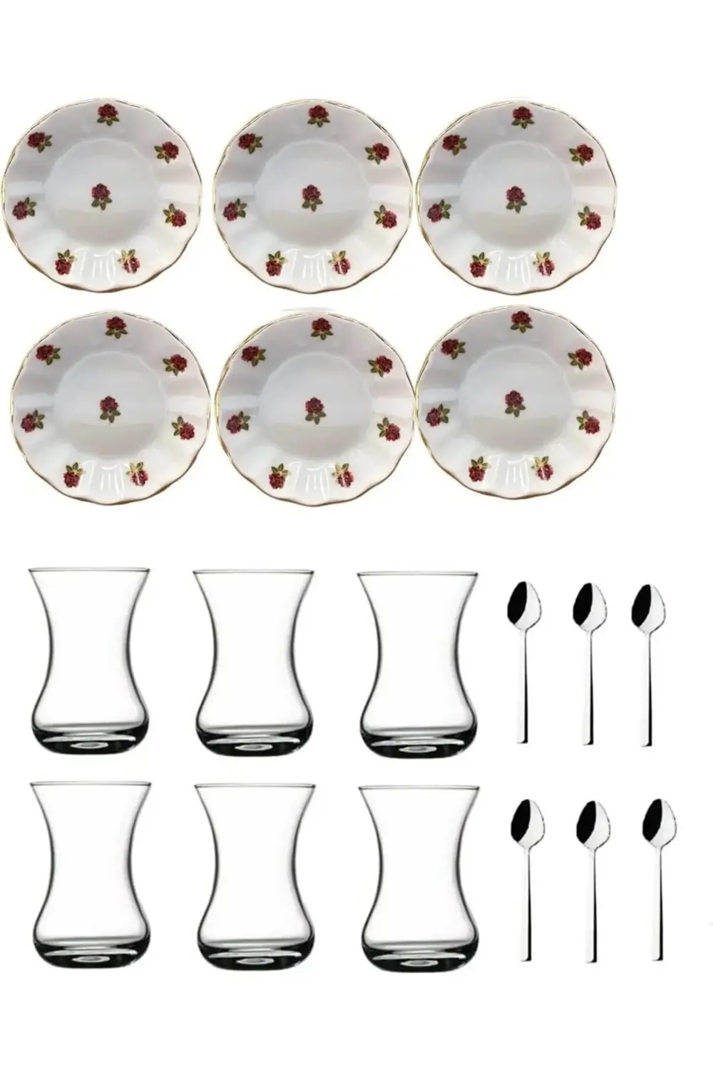 18 Parça Kırmızı Gül Acem Çay Bardağı Takımı 856656566aybabastore