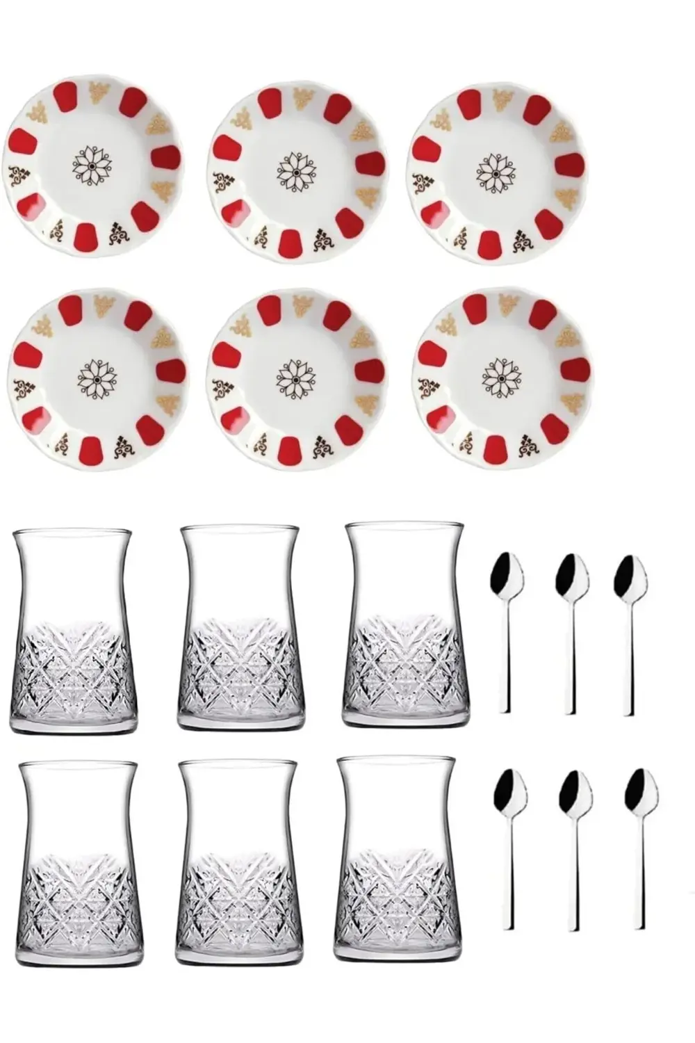 18 Parça Otantik Kırmızı Acem Çay Bardağı Takımı Seti 86985638536