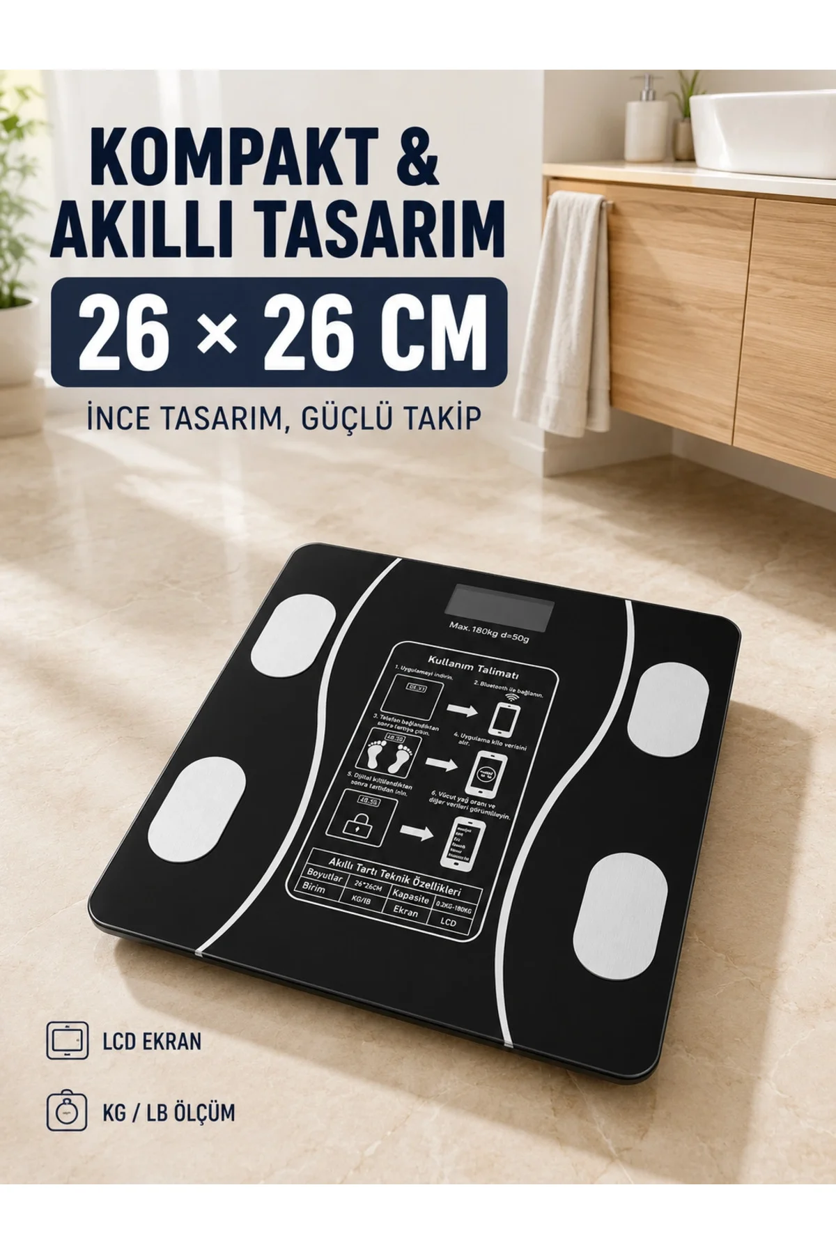 180 Kg Akıllı Cam Tartı Bluetooth Vücut Yağ Kas Su ve BMI Ölçüm Destekli Baskül - Görsel 6