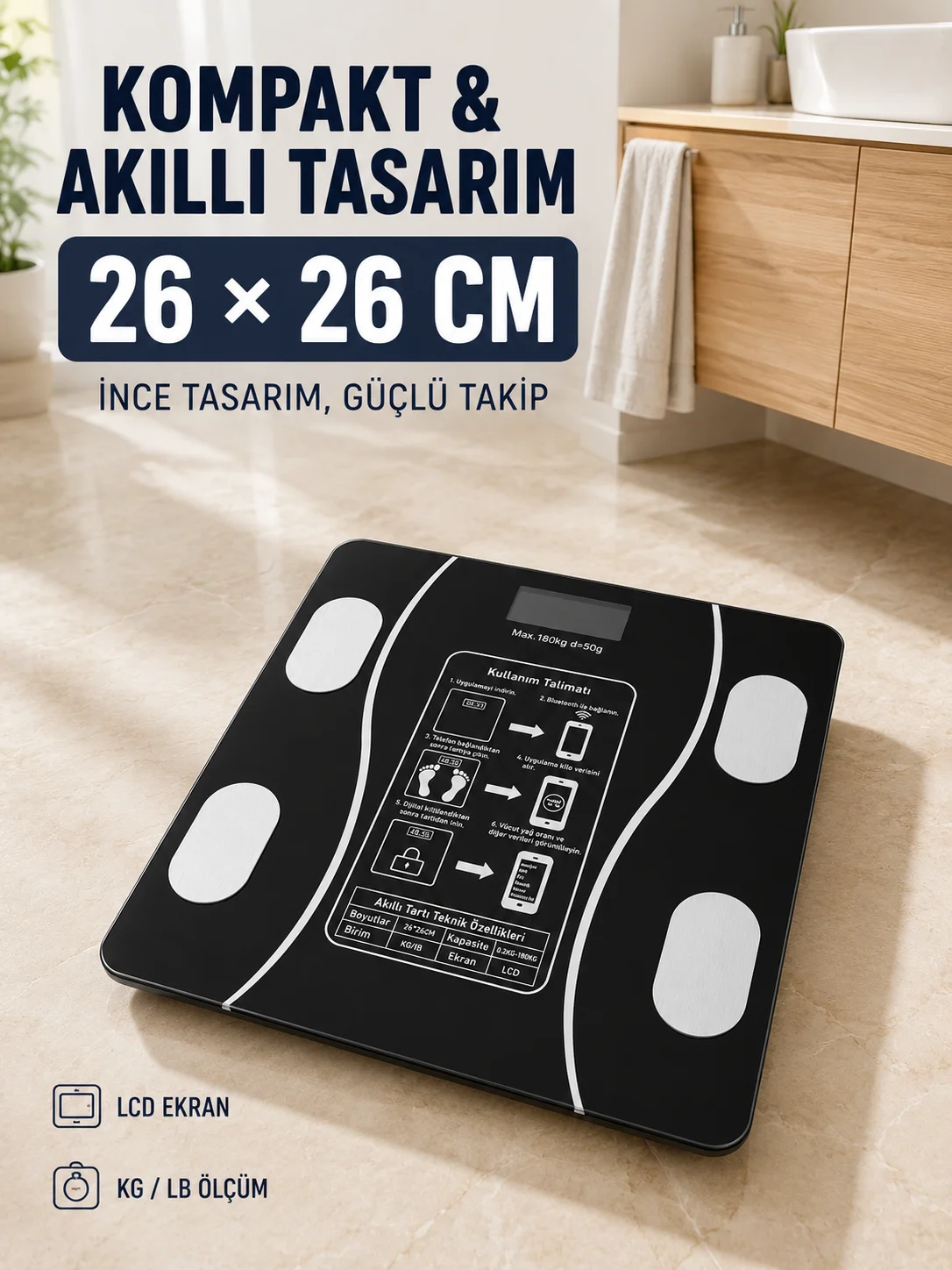 180 Kg Akıllı Cam Tartı Bluetooth Vücut Yağ Kas Su ve BMI Ölçüm Destekli Baskül 180 Kg Akıllı Cam Tartı Bluetooth Vücut Yağ Kas Su ve BMI Ölçüm Destekli Baskül