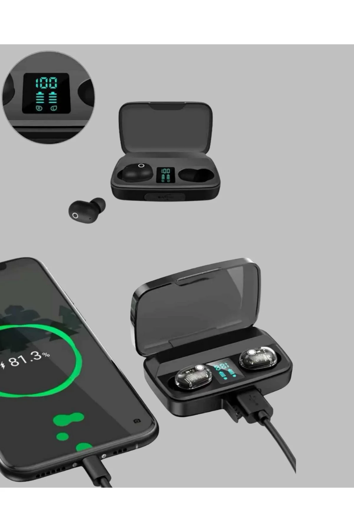 1800 mAh Güçlü Şarj Kutusu ile Bluetooth Kulaklık Seti