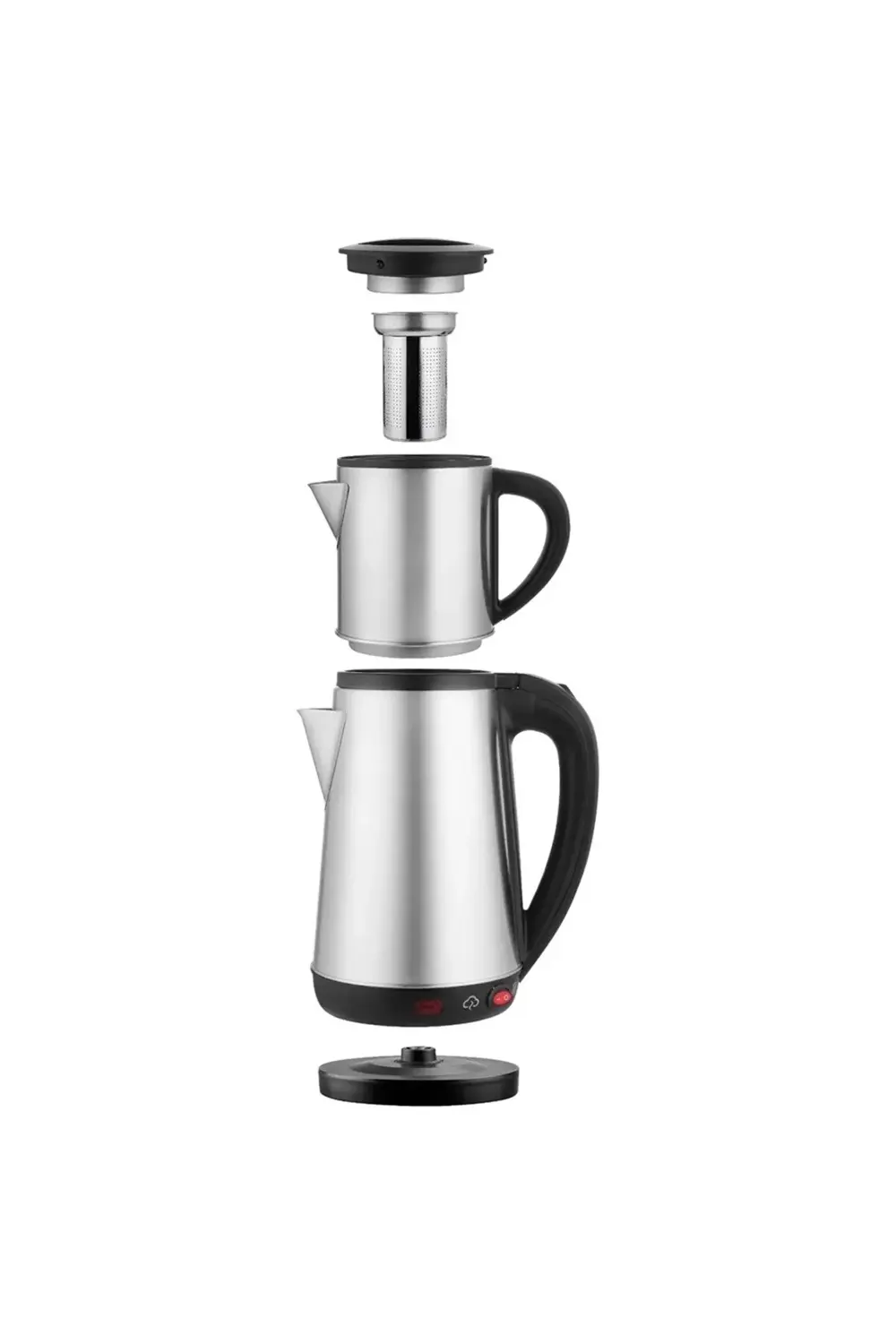 1800W Çelik Hazneli Çaycı – 1.8L Su Isıtıcı + 0.8L Demlik, Süzgeç