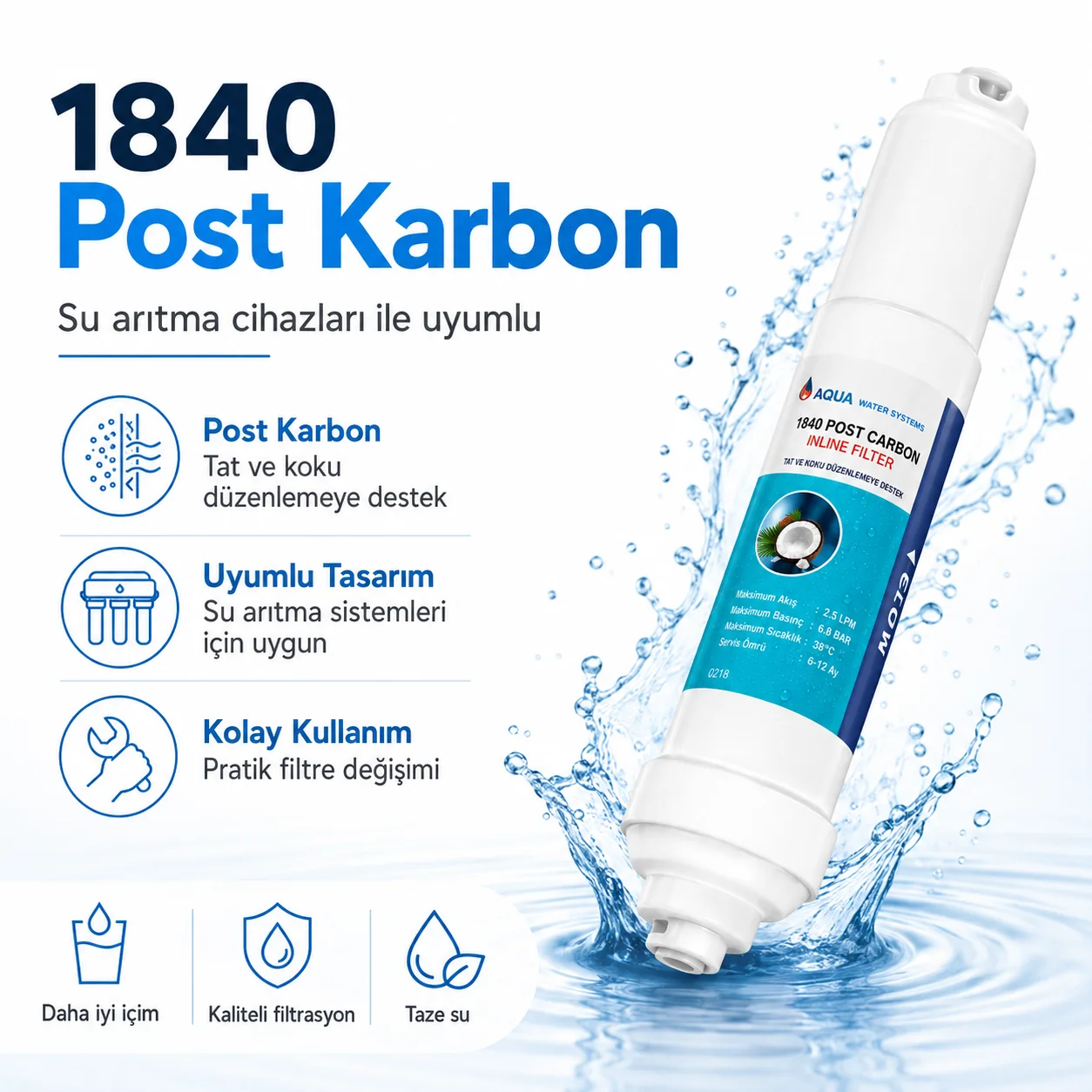 1840 Post Karbon Su Arıtma Filtresi - Tat ve Koku Giderici Inline Filtre Fiyatı, Yorumları ve Özellikleri