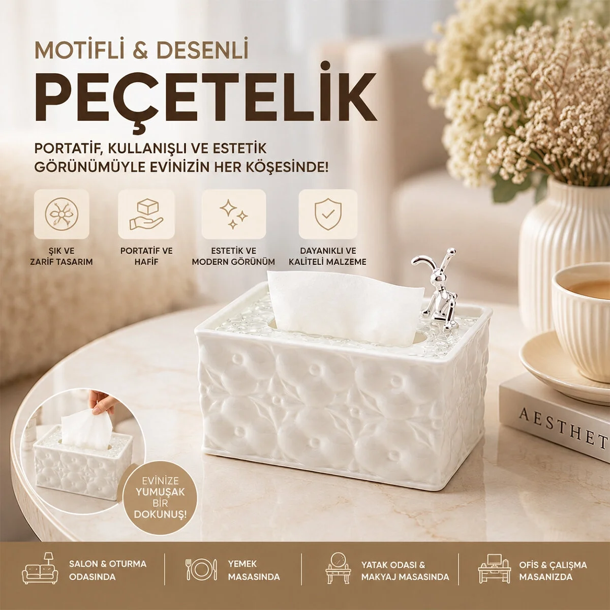 18.4x12.5x9cm Beyaz Yaylı Masaüstü Dekoratif Dikdörtgen Peçetelik Bx40 Fiyatı, Yorumları ve Özellikleri