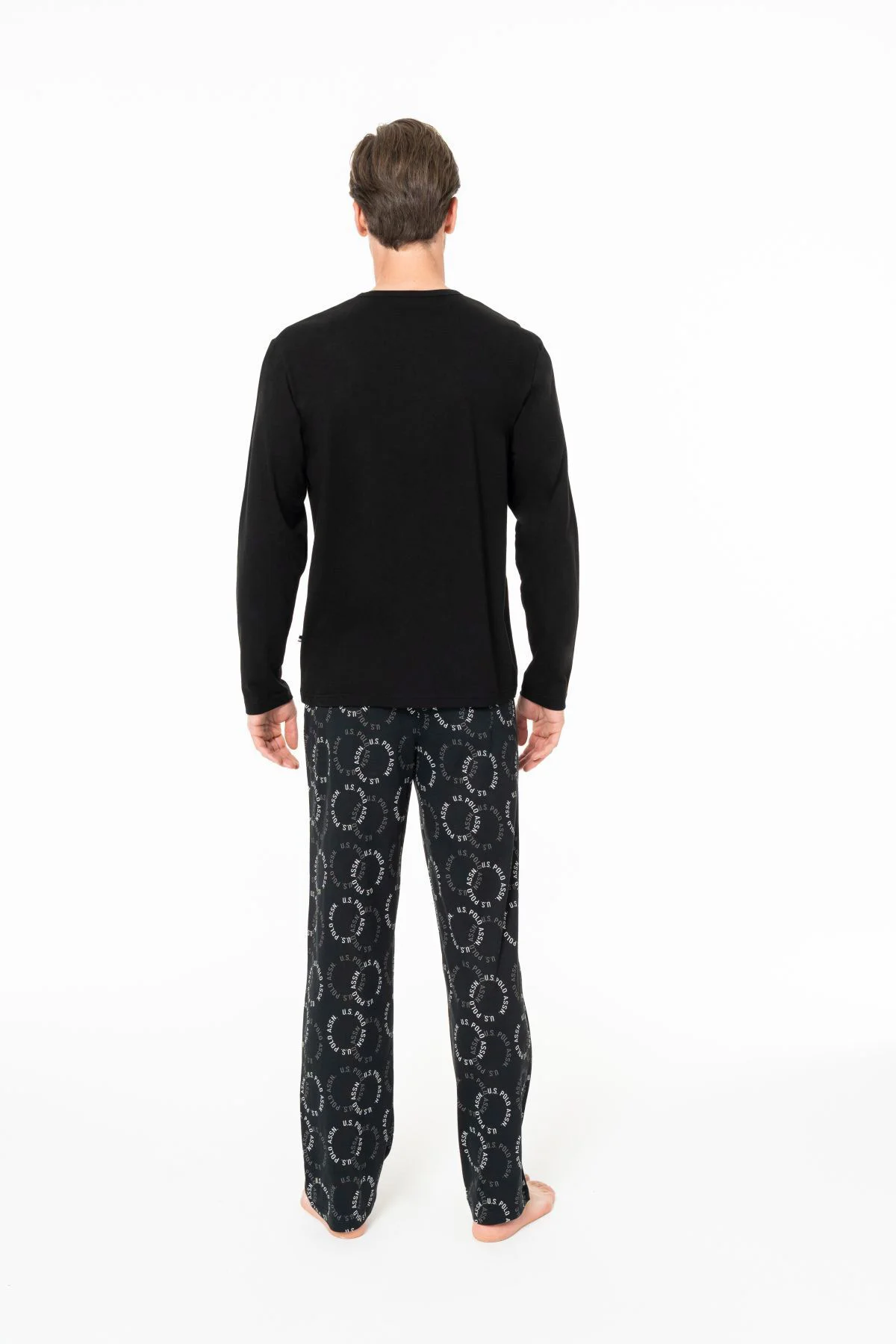 18971 Erkek Sıyah Yuvarlak Yaka Patlı Uzun Kollu Pijama Takımı