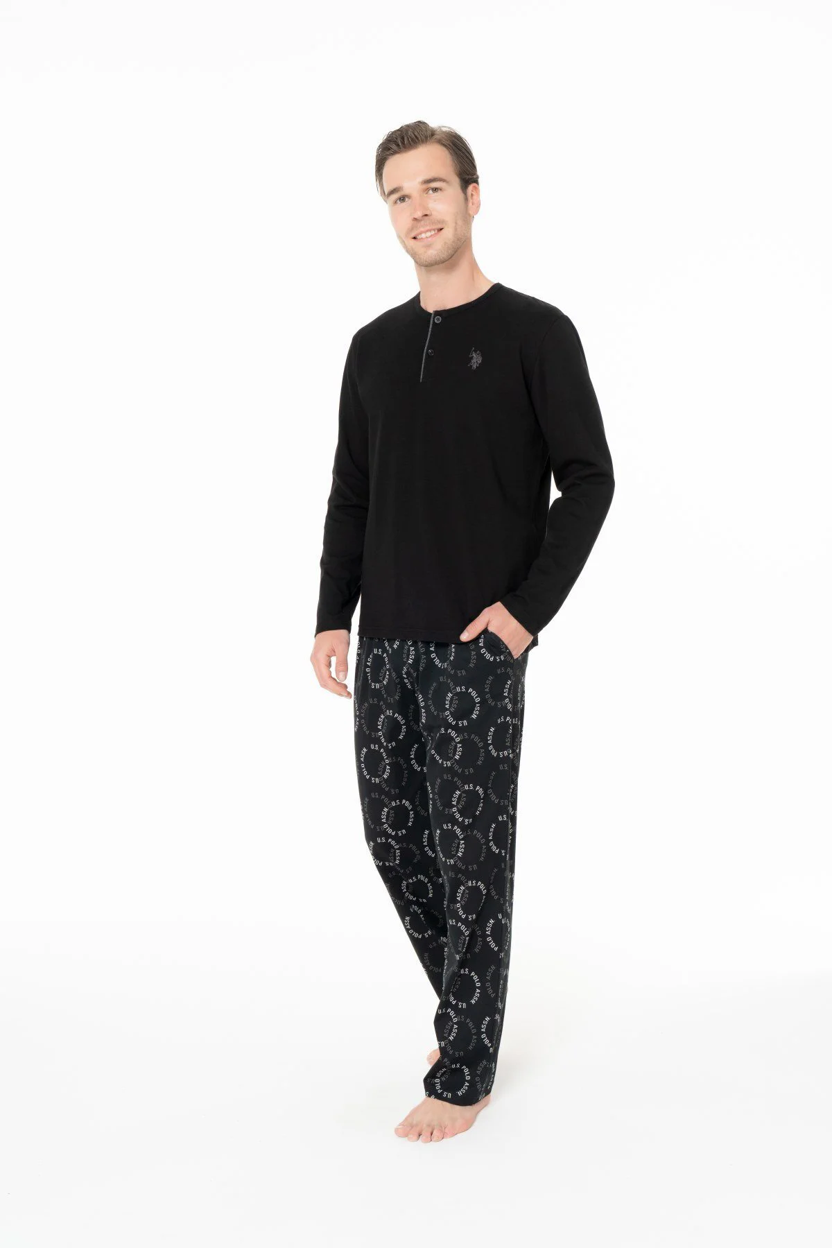 18971 Erkek Sıyah Yuvarlak Yaka Patlı Uzun Kollu Pijama Takımı