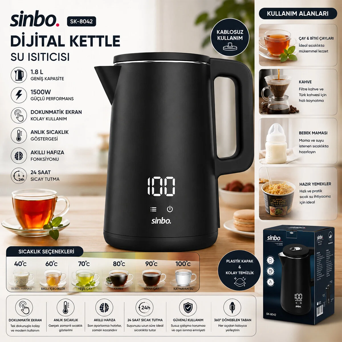 1.8L 1500W Plastik Kapak - Dokunmatik Ekran Dijital Kettle Su Isıtıcısı Kablosuz Kullanım SK-8042 Fiyatı, Yorumları ve Özellikleri