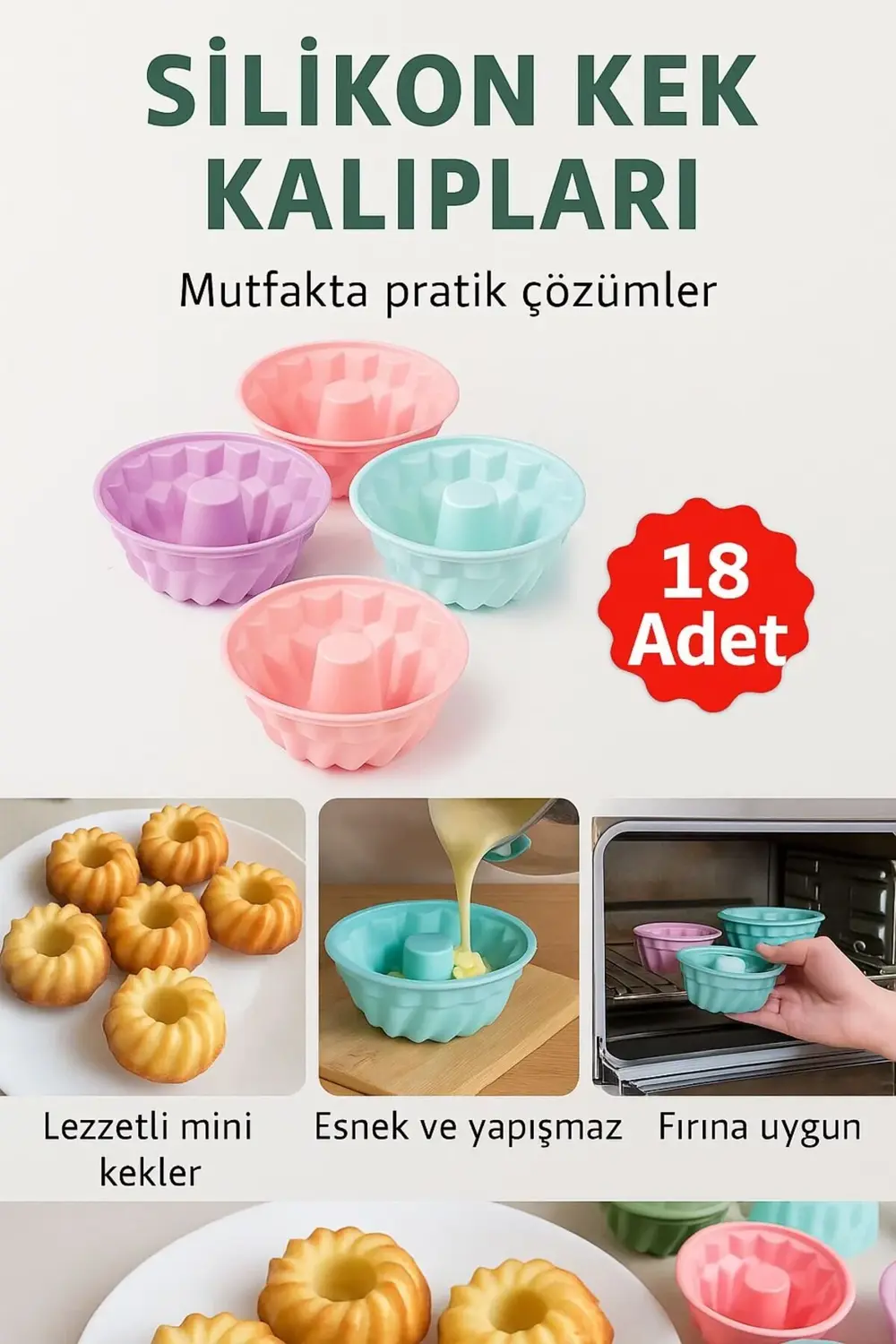 18’li Silikon Mini Kek Kalıbı – Renkli, Esnek, Yapışmaz